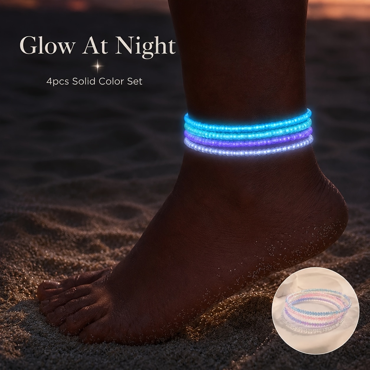 4pcs Glow-In-Dark Glass Bead Anklet Set, Beach Party Gift